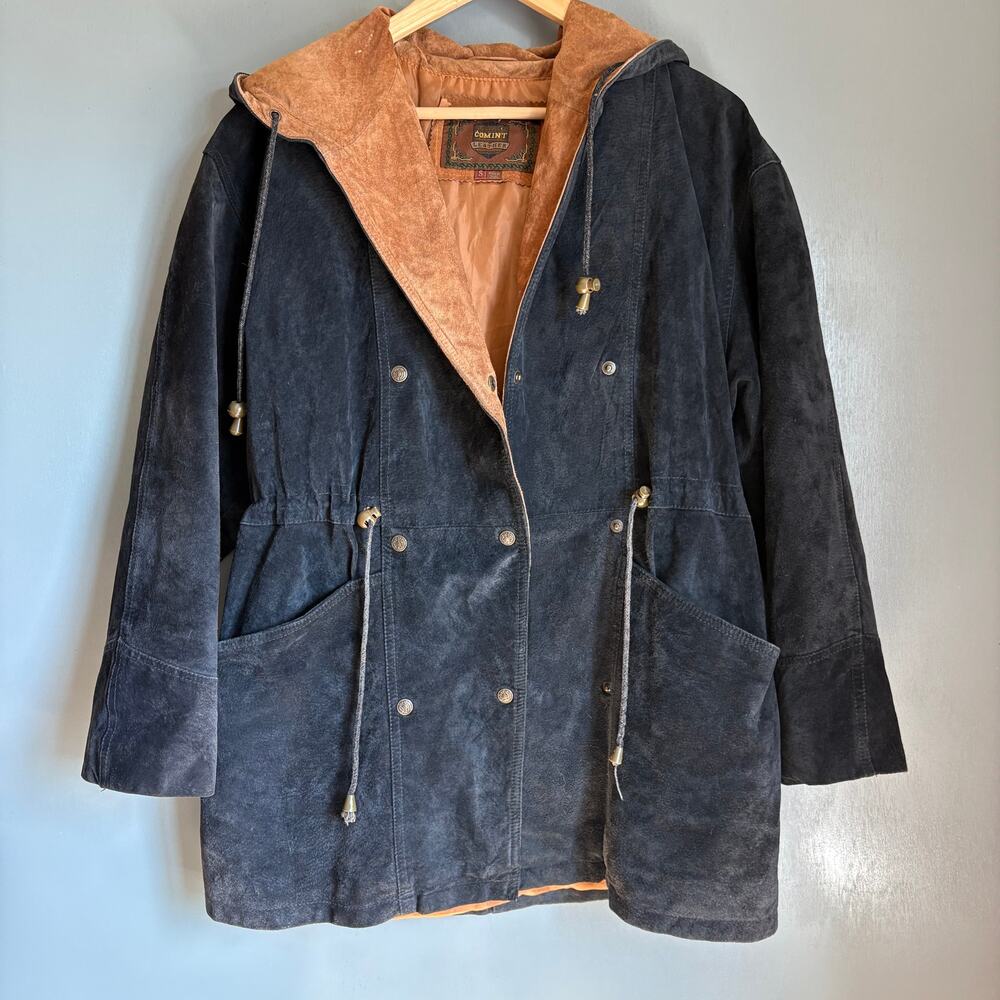 Vintage COMINT Men's Small Black Brown Suede Leather Anorak Jacket Western 80's